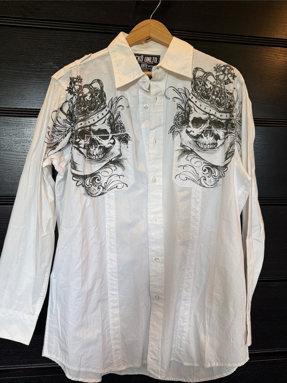 Ecko Unlimited White Long-Sleeve Shirt with Black Crowned Skull Graphics